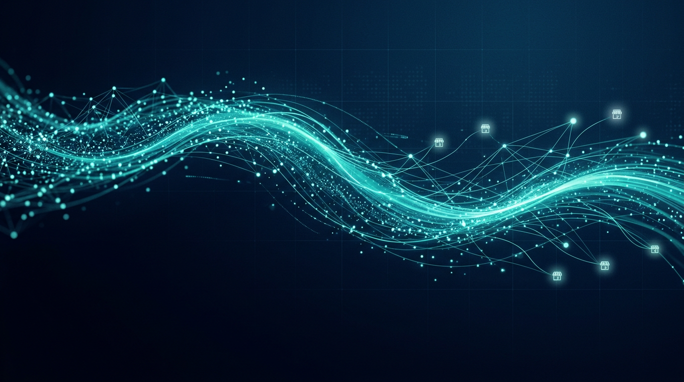 A teal tide of light flowing through network nodes and small storefront icons on deep navy